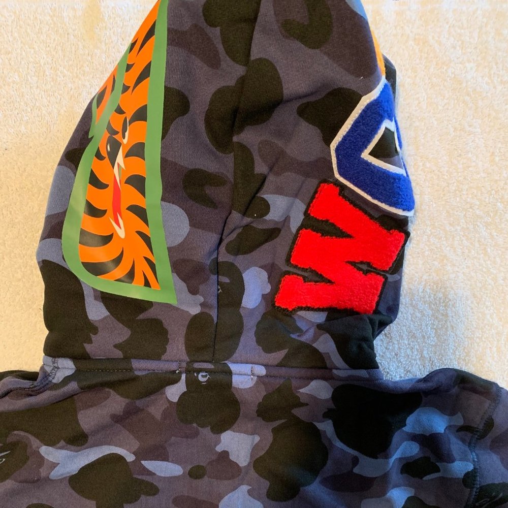 Bape BLUE Camo Tiger Shark Wide Full Zip Double Hood Hoodie LARGE Bathing Ape - Picture 10 of 16